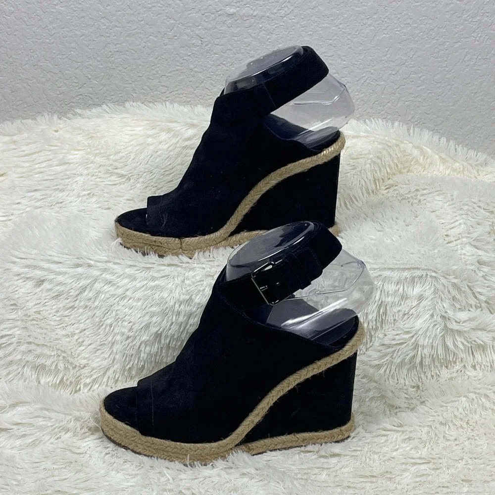 Vince Espadrille Wedge Sandals Womens 6.5 Black Excellent Suede Peep Toe Italy